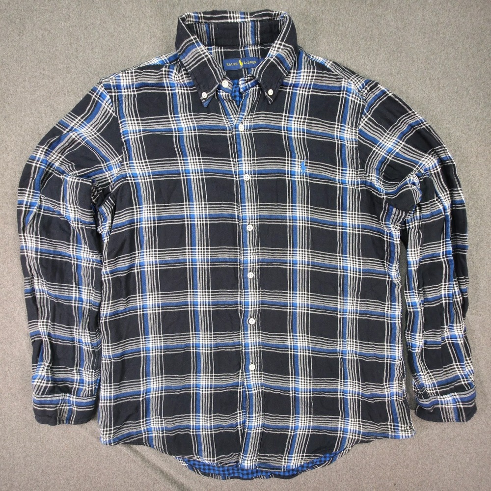 Ralph Lauren Flannel Shirt Mens L Black Blue Plaid Long Sleeve Button‎ Up Casual